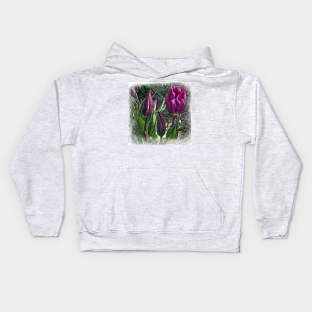 Dark Purple Tulips Opening Kids Hoodie by KirtTisdale